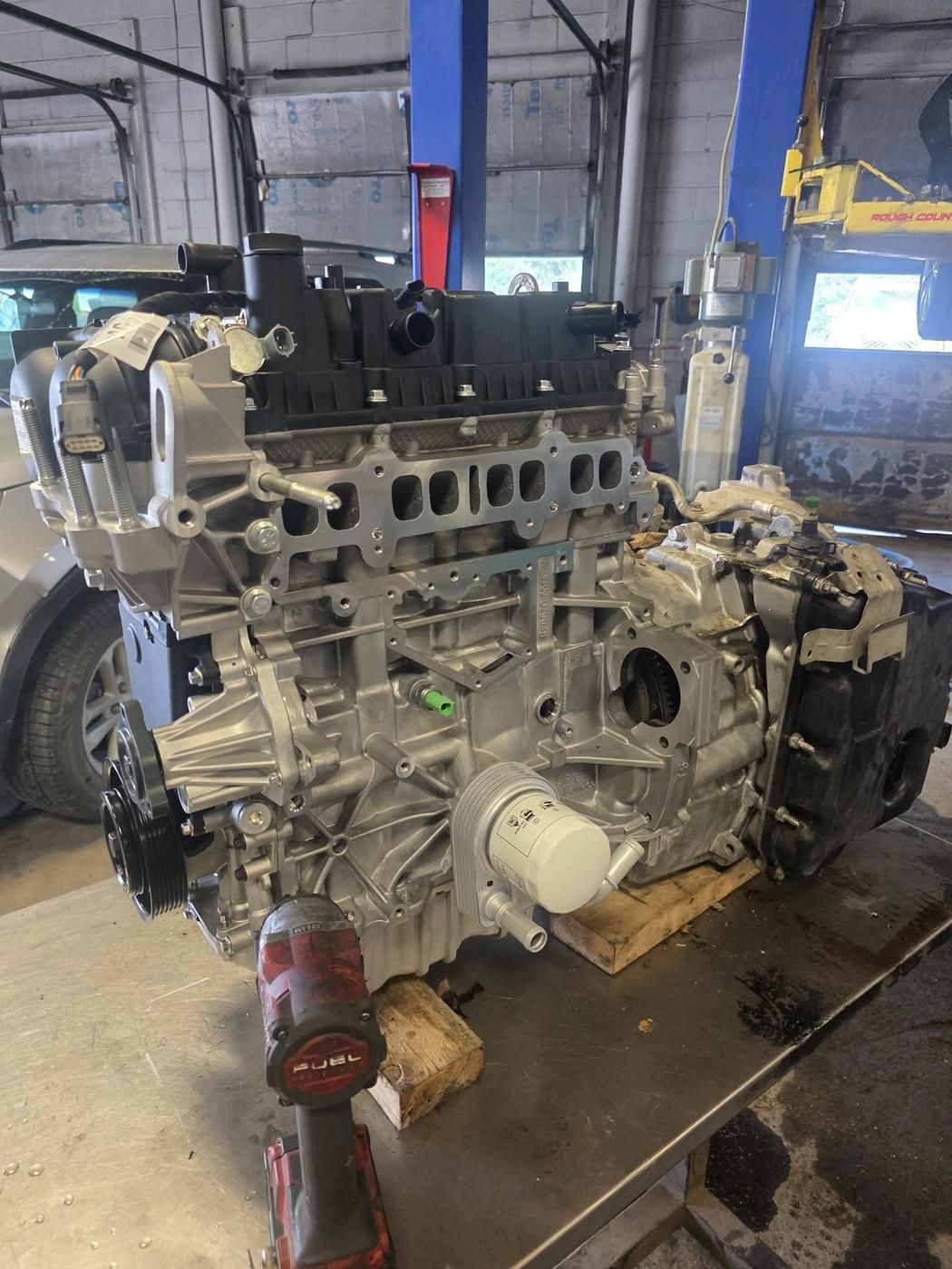The new engine on the bench before it goes up.
